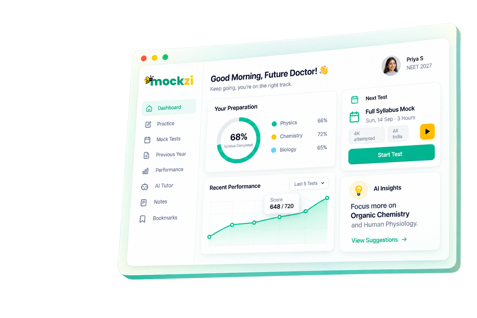MockZi student preparation dashboard